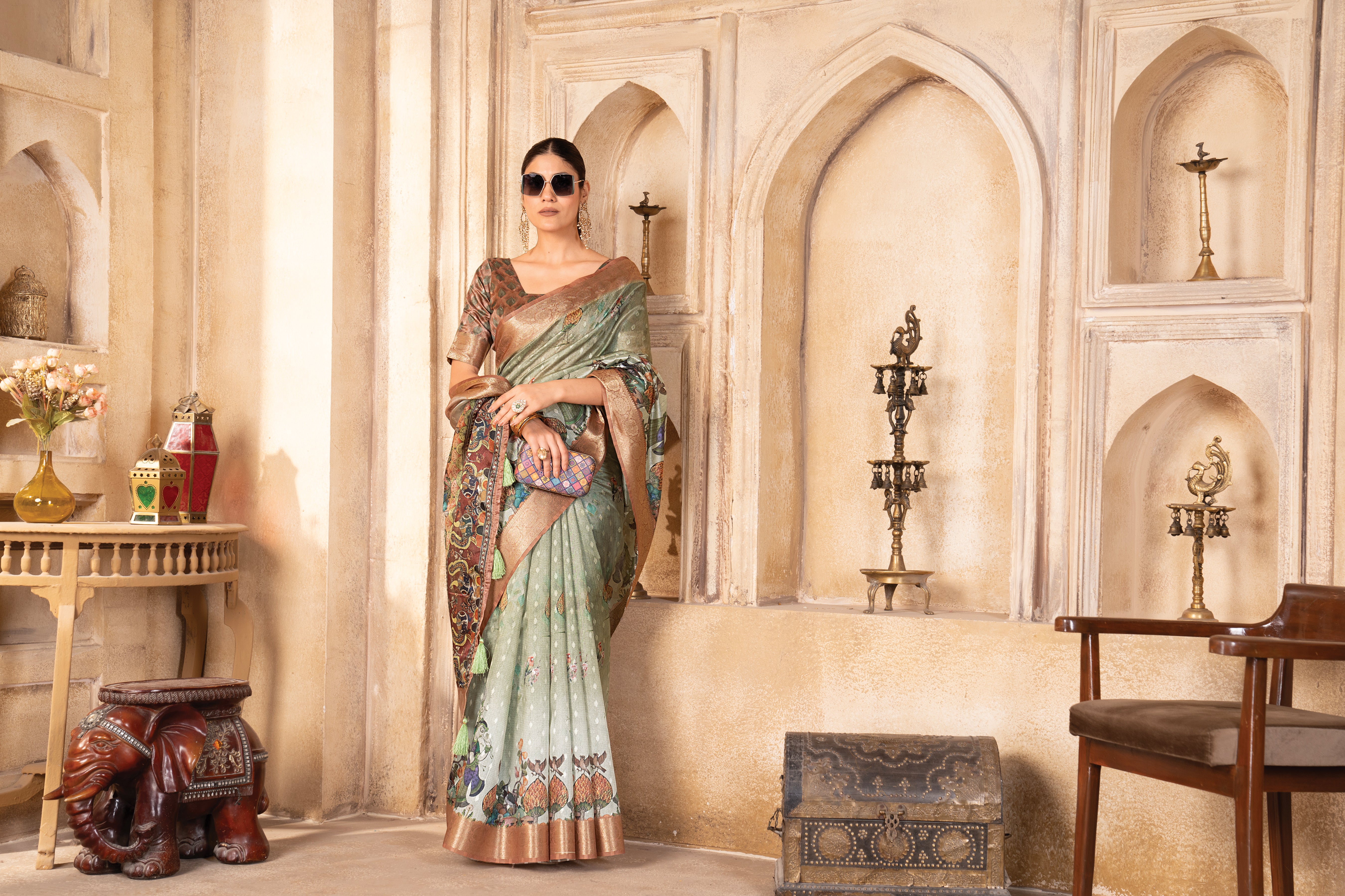 Pista Green Tussar Silk Figure Print Saree
